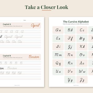 May include: Two educational worksheets for cursive handwriting practice. The left sheet features tracing exercises for capital letters A and B with the words April and Boston. The right sheet displays The Cursive Alphabet in a grid of pastel boxes.