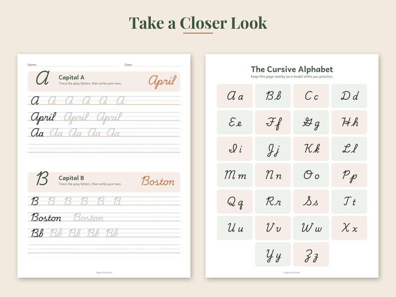 May include: Two educational worksheets for cursive handwriting practice. The left sheet features tracing exercises for capital letters A and B with the words April and Boston. The right sheet displays The Cursive Alphabet in a grid of pastel boxes.