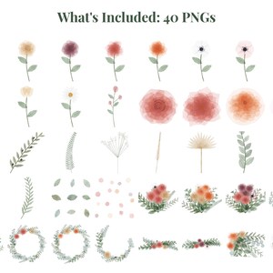 May include: A collection of 40 digital watercolor illustrations featuring various flowers, leaves, stems, bouquets, and wreaths in shades of red, orange, pink, and green. The text "What's Included: 40 PNGs" is displayed at the top of the image.