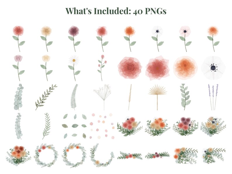 May include: A collection of 40 digital watercolor illustrations featuring various flowers, leaves, stems, bouquets, and wreaths in shades of red, orange, pink, and green. The text "What's Included: 40 PNGs" is displayed at the top of the image.