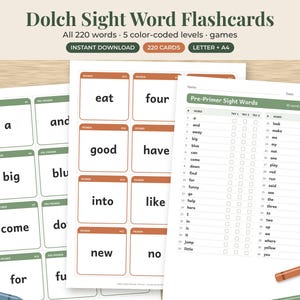 May include: Dolch Sight Word Flashcards set featuring 220 words across 5 colour-coded levels. The printable sheets include cards with words like eat, four, good, have, into, like, new, no, a, and, big, blue, come, down, for, and a tracking list.