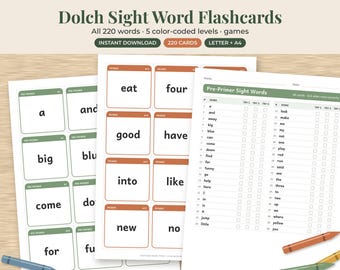 Sight Words Flashcards Printable, Dolch Pre-Primer to 3rd Grade, Reading Practice