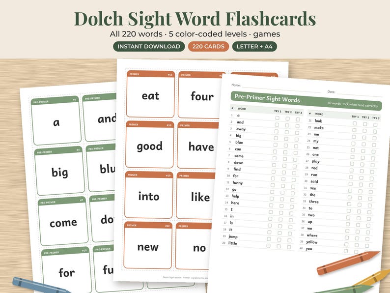 May include: Dolch Sight Word Flashcards set featuring 220 words across 5 colour-coded levels. The printable sheets include cards with words like eat, four, good, have, into, like, new, no, a, and, big, blue, come, down, for, and a tracking list.