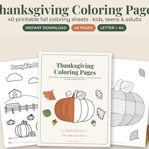 May include: A set of Thanksgiving coloring pages featuring 40 printable fall sheets. The cover page displays the text Thanksgiving Coloring Pages with a pumpkin illustration. Two additional sheets show a farm scene with pumpkins and a patterned pumpkin design.