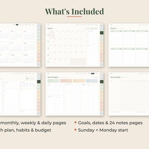 Puede incluir: Un conjunto de planificador digital con seis dise&ntilde;os distintos que incluyen un calendario anual, vista mensual, horario semanal, planificador diario, rastreador de presupuesto y de h&aacute;bitos, con pesta&ntilde;as laterales y etiquetas de texto.