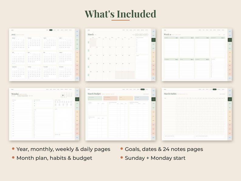 Puede incluir: Un conjunto de planificador digital con seis dise&ntilde;os distintos que incluyen un calendario anual, vista mensual, horario semanal, planificador diario, rastreador de presupuesto y de h&aacute;bitos, con pesta&ntilde;as laterales y etiquetas de texto.