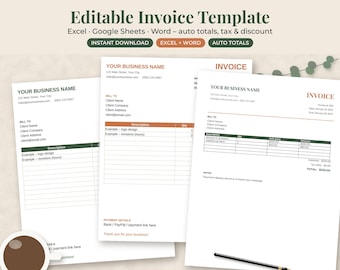 Editable Invoice Template, Excel Word Business Invoice with Auto Totals