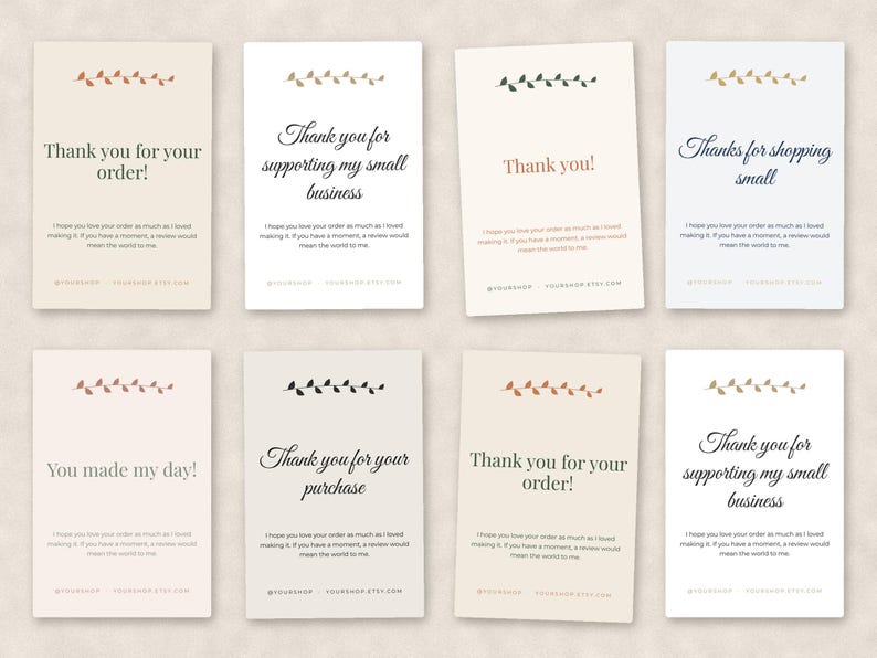 Peut inclure: Un ensemble de huit cartes de remerciement rectangulaires aux tons neutres, chacune orn&eacute;e d'un petit motif de branche de feuilles en haut et de textes imprim&eacute;s incluant des phrases comme Thank you for your order et You made my day.