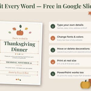 May include: A Thanksgiving dinner invitation template featuring a pumpkin and autumn leaves illustration. The text reads: You're invited to Thanksgiving Dinner, Thursday, November 26, 4:00 PM, The Carter Home, 123 Maple Lane, Springfield, Hosted by Emma & Noah.