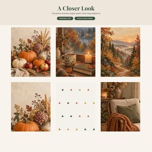 May include: A collection of six digital art panels titled A Closer Look, featuring gouache scenes of autumn pumpkins, a cosy window view with a mug and candle, a forest landscape, a star pattern, and a living room interior with a throw blanket.
