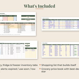 May include: A digital kitchen management spreadsheet template featuring a Kitchen Overview, Pantry Inventory, Shopping List, and Price Book. The layout includes color-coded alerts for expired items, items to use soon, and low stock levels.