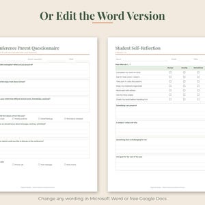May include: Two printable document templates titled Pre-Conference Parent Questionnaire and Student Self-Reflection. Each page features structured fields, checkboxes, and lines for written responses, designed for school communication and student assessment.