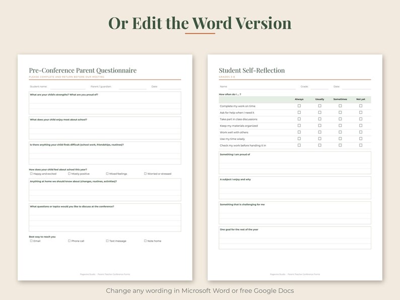 May include: Two printable document templates titled Pre-Conference Parent Questionnaire and Student Self-Reflection. Each page features structured fields, checkboxes, and lines for written responses, designed for school communication and student assessment.
