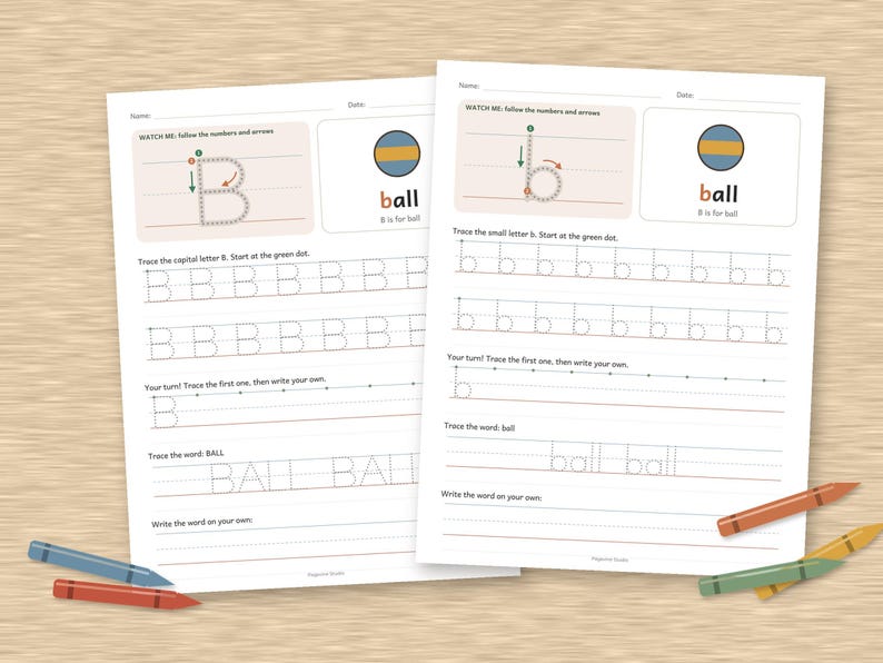 May include: Two educational worksheets for practicing the letter B and b, featuring tracing lines, directional arrows, and a ball illustration. The pages include prompts to trace capital B, lowercase b, and the word ball, accompanied by four colored crayons.