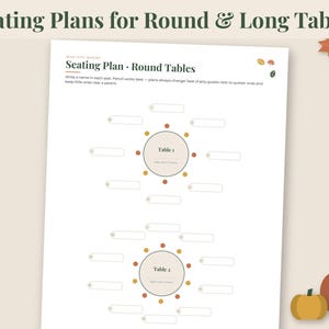 May include: A white printable seating plan template titled Seating Plans for Round & Long Tables, featuring two circular diagrams labeled Table 1 and Table 2 with blank rectangular fields for guest names, accented by small autumn leaf illustrations.