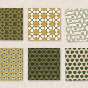 May include: Six square tiles featuring repeating geometric patterns. The designs include olive green, mustard yellow, cream, and white star and polygon motifs arranged in symmetrical grids, showcasing intricate lines and varied color combinations.