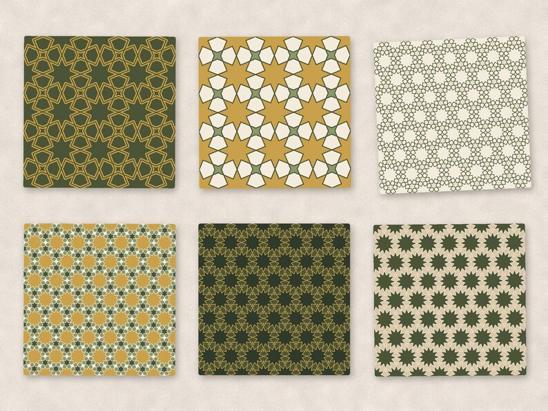 May include: Six square tiles featuring repeating geometric patterns. The designs include olive green, mustard yellow, cream, and white star and polygon motifs arranged in symmetrical grids, showcasing intricate lines and varied color combinations.
