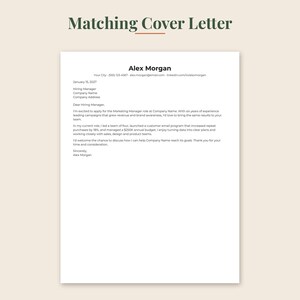 May include: A white document titled Matching Cover Letter featuring a professional template for Alex Morgan. The text includes placeholders for contact information, date, hiring manager details, and a formal body paragraph for a marketing role.