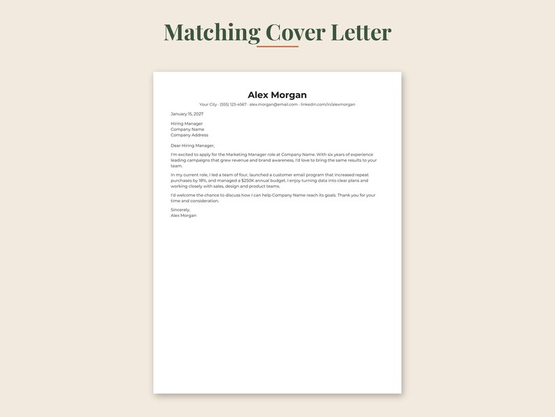 May include: A white document titled Matching Cover Letter featuring a professional template for Alex Morgan. The text includes placeholders for contact information, date, hiring manager details, and a formal body paragraph for a marketing role.