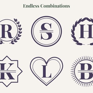 May include: Six dark purple monogram designs arranged in two rows with the text Endless Combinations at the top. The designs feature letters R, S, H, K, L, and B enclosed in various shapes including circles, a star, and a heart with laurel accents.