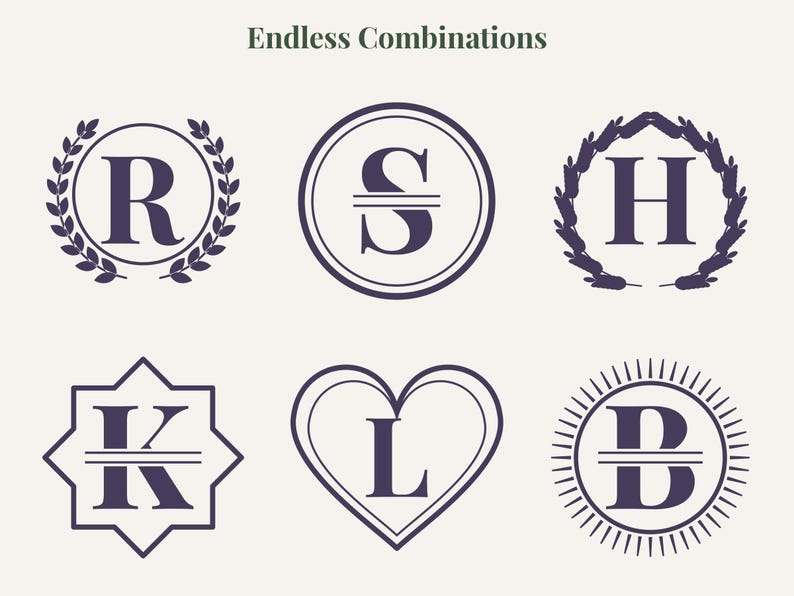 May include: Six dark purple monogram designs arranged in two rows with the text Endless Combinations at the top. The designs feature letters R, S, H, K, L, and B enclosed in various shapes including circles, a star, and a heart with laurel accents.