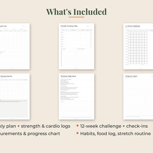 May include: A set of six white printable fitness planner pages featuring the text What's Included at the top. The pages include a Workout Log, Weekly Workout Plan, 12-Week Challenge, Body Measurements, Workout Split Ideas, and Progress Chart.