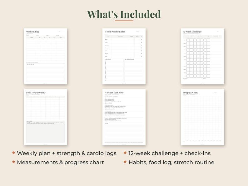 May include: A set of six white printable fitness planner pages featuring the text What's Included at the top. The pages include a Workout Log, Weekly Workout Plan, 12-Week Challenge, Body Measurements, Workout Split Ideas, and Progress Chart.