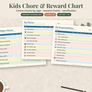 May include: Three printable chore and reward charts for children titled Little Helper Chores, My Chores, and My Responsibilities. Each chart features a grid with rows for tasks, icons, and columns for days of the week with star or box markers.