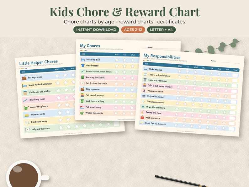 May include: Three printable chore and reward charts for children titled Little Helper Chores, My Chores, and My Responsibilities. Each chart features a grid with rows for tasks, icons, and columns for days of the week with star or box markers.