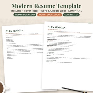 May include: A modern resume template featuring a cover letter and resume document with the text Alex Morgan Marketing Manager. The layout includes sections for profile, experience, education, skills, and certifications in a clean, professional format.