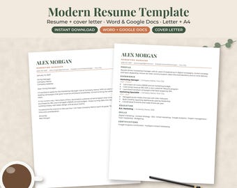 Resume Template Word, Modern Professional CV with Cover Letter, Google Docs Editable