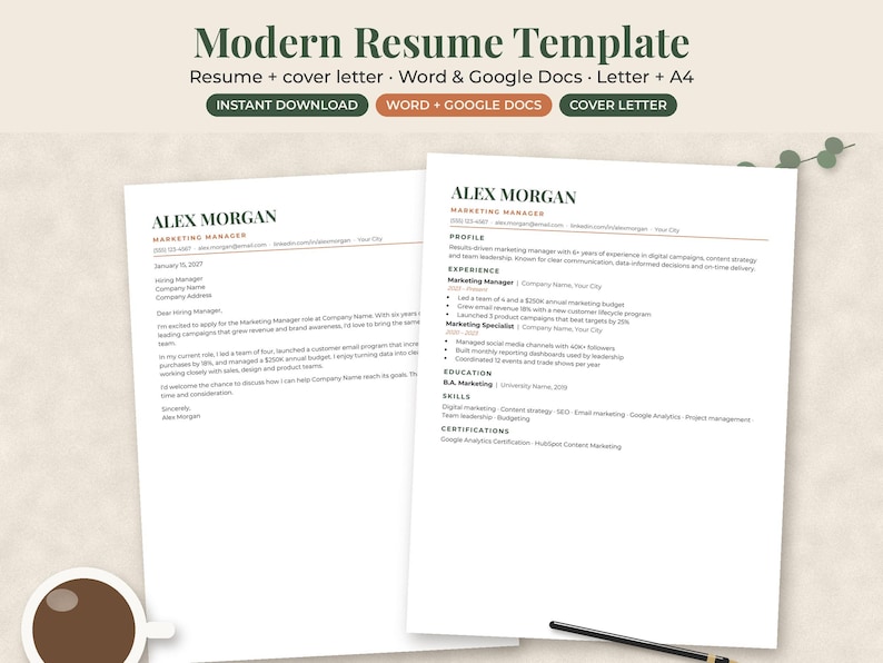 May include: A modern resume template featuring a cover letter and resume document with the text Alex Morgan Marketing Manager. The layout includes sections for profile, experience, education, skills, and certifications in a clean, professional format.
