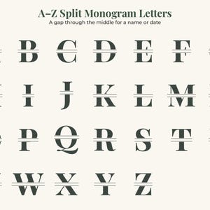 May include: A collection of dark gray A-Z split monogram letters arranged in rows on a light background. Each letter features a horizontal gap through the middle for customization. The text at the top reads A-Z Split Monogram Letters and A gap through the middle for a name or date.
