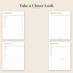 May include: Four white financial planning sheets titled Take a Closer Look, featuring My Sinking Funds, Sinking Fund Calculator, Year at a Glance, and Monthly Check-in. Each page contains organized tables, columns, and rows for tracking budget data.