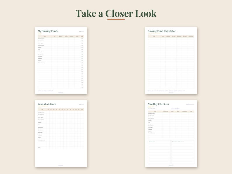 May include: Four white financial planning sheets titled Take a Closer Look, featuring My Sinking Funds, Sinking Fund Calculator, Year at a Glance, and Monthly Check-in. Each page contains organized tables, columns, and rows for tracking budget data.