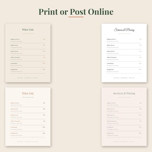 May include: Four rectangular templates for a price list and services menu, displayed in various neutral color palettes. Each document features a header, a list of service items with corresponding price placeholders, and contact information at the bottom.