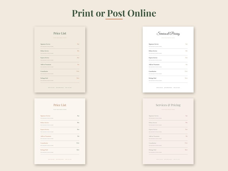 May include: Four rectangular templates for a price list and services menu, displayed in various neutral color palettes. Each document features a header, a list of service items with corresponding price placeholders, and contact information at the bottom.