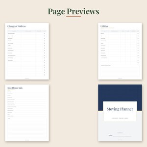 May include: A digital moving planner set featuring four pages with a light background. The pages include headers for Page Previews, Change of Address, Utilities, New Home Info, and a cover page titled Moving Planner with a dark blue top section.