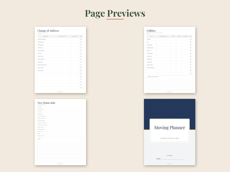 May include: A digital moving planner set featuring four pages with a light background. The pages include headers for Page Previews, Change of Address, Utilities, New Home Info, and a cover page titled Moving Planner with a dark blue top section.