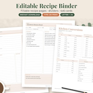 May include: An editable recipe binder set featuring fillable recipe pages, dividers, and 4x6 cards. The documents include a Grandma's Banana Bread recipe and a Kitchen Conversions chart with volume, weight, and temperature measurements in Fahrenheit.