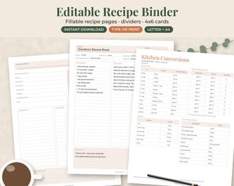 Recipe Binder Template Editable, Printable Recipe Book, 4x6 Cards, Family Cookbook