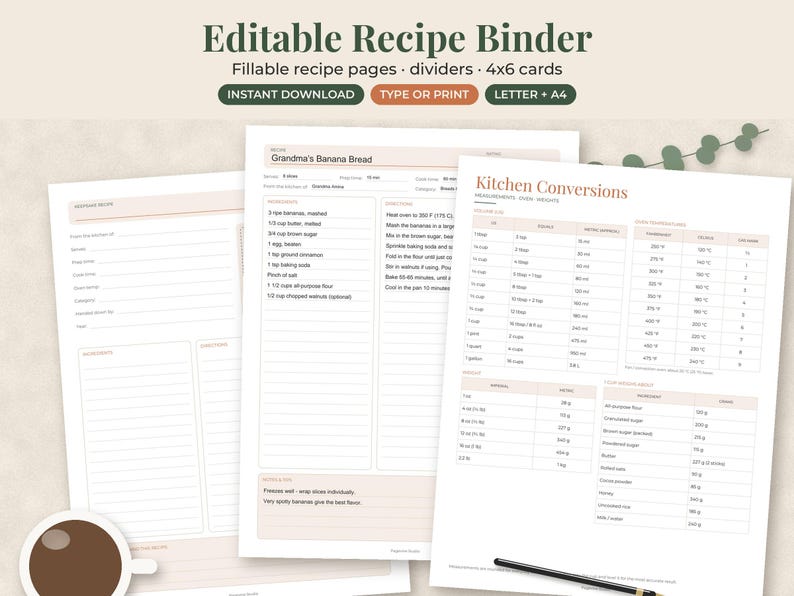 May include: An editable recipe binder set featuring fillable recipe pages, dividers, and 4x6 cards. The documents include a Grandma's Banana Bread recipe and a Kitchen Conversions chart with volume, weight, and temperature measurements in Fahrenheit.