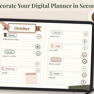 May include: A digital planner displayed on a tablet screen featuring the text Decorate Your Digital Planner in Seconds. The weekly layout includes labels for Monday through Sunday, dates from the 13th to the 19th, and various icons.