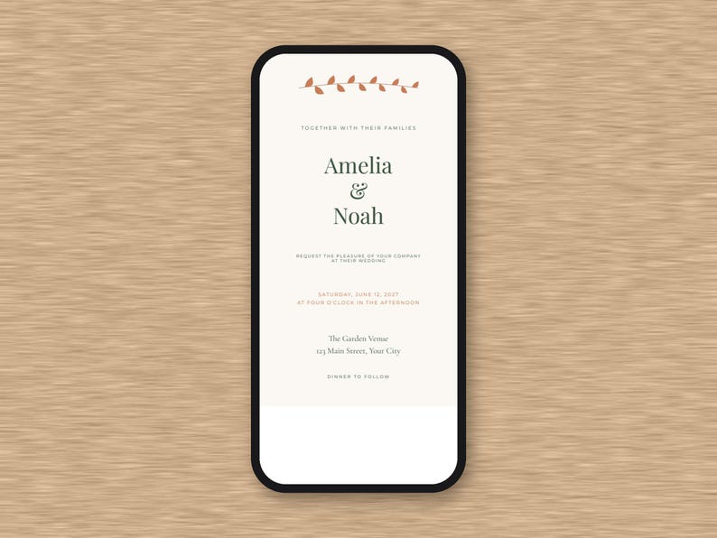 May include: A smartphone screen displaying a wedding invitation with a cream background, a small orange leaf graphic at the top, and black text reading Amelia & Noah, together with their families, request the pleasure of your company at their wedding.