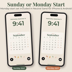 May include: Two smartphones displaying a September 2027 calendar wallpaper in a neutral sand color. The screens show the date Wednesday, September 15, at 9:41. One calendar starts on Sunday and the other on Monday, with small leaf icons at the bottom.