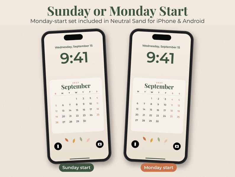 May include: Two smartphones displaying a September 2027 calendar wallpaper in a neutral sand color. The screens show the date Wednesday, September 15, at 9:41. One calendar starts on Sunday and the other on Monday, with small leaf icons at the bottom.