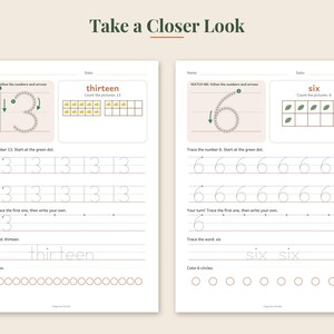 May include: Two educational worksheets for children featuring number tracing exercises. The left sheet focuses on the number 13 with apple icons, while the right sheet focuses on the number 6 with leaf icons. Both include dotted lines for writing.