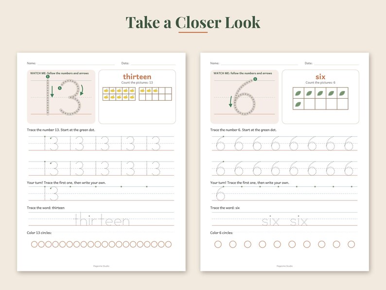 May include: Two educational worksheets for children featuring number tracing exercises. The left sheet focuses on the number 13 with apple icons, while the right sheet focuses on the number 6 with leaf icons. Both include dotted lines for writing.