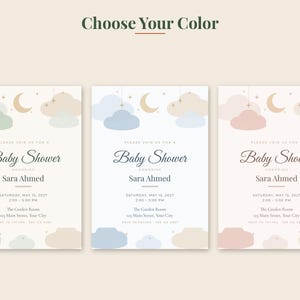 Peut inclure: Trois cartes d'invitation rectangulaires pour une f&ecirc;te pr&eacute;natale avec un th&egrave;me c&eacute;leste compos&eacute; de nuages, d'&eacute;toiles et d'un croissant de lune. Le texte indique : Please join us for a Baby Shower honoring Sara Ahmed, May 15, 2027.