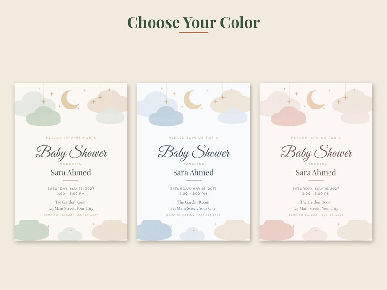 Peut inclure: Trois cartes d'invitation rectangulaires pour une f&ecirc;te pr&eacute;natale avec un th&egrave;me c&eacute;leste compos&eacute; de nuages, d'&eacute;toiles et d'un croissant de lune. Le texte indique : Please join us for a Baby Shower honoring Sara Ahmed, May 15, 2027.